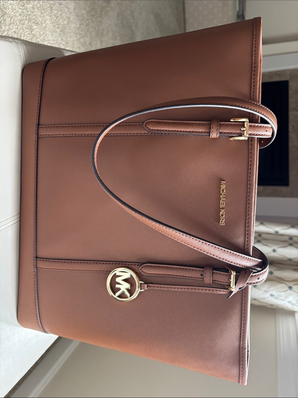Michael Kors Cognac Leather Tote with Gold MK Charm
